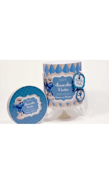 Trusou botez cu strumfii si broderie personalizata in nuante de crem si albastru Bebe Strumf 8